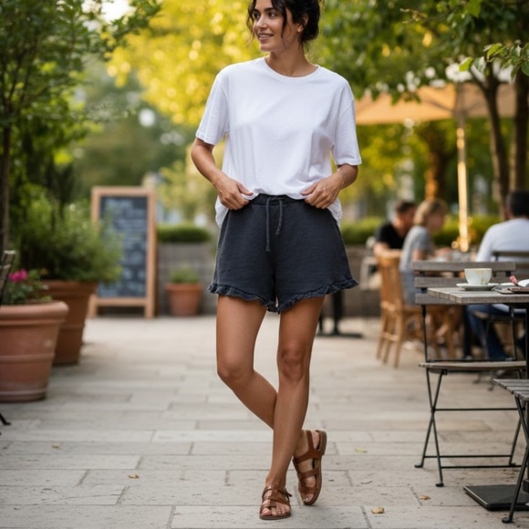 Chaser Pants - Chaser Black Women’s Soft Cozy High Waist Ruffle Hem Drawstring Shorts